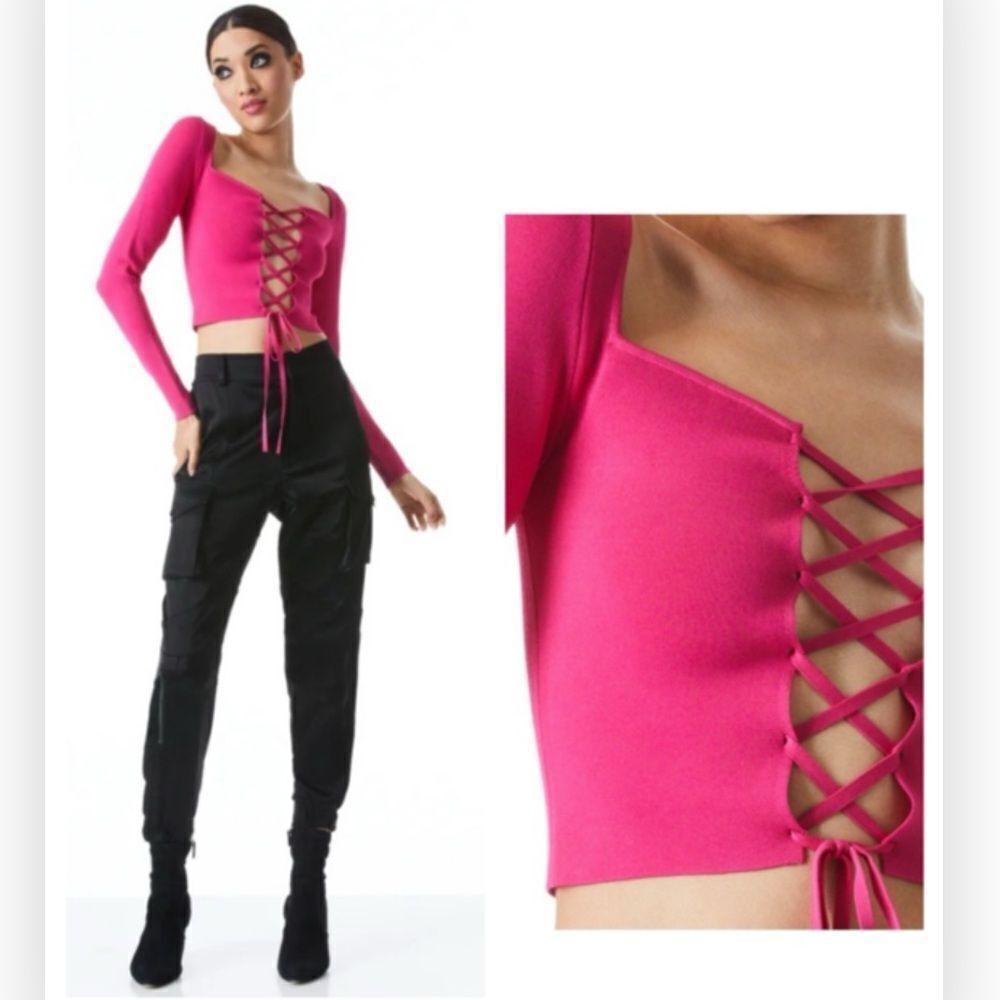 Alice + Olivia Hilaria Lace Front Top in Pink XL NWT $395